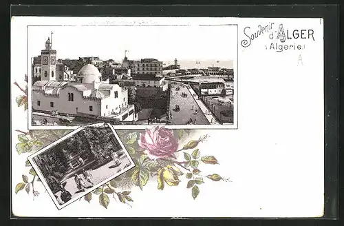 Lithographie Alger, La Place du Gouvernement et la Mosquée el Djedia