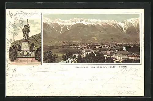 Lithographie Innsbruck, Totalansicht, Andreas Hofer Monument am Berg Isel