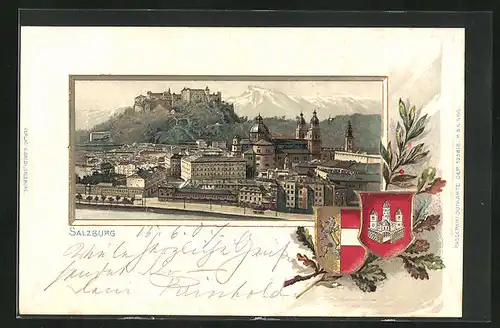 Lithographie Salzburg, Teilansicht mit Hohensalzburg, Stadtwappen