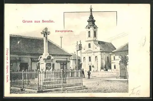 AK Semlin, Hauptplatz mit Kirche und Denkmal