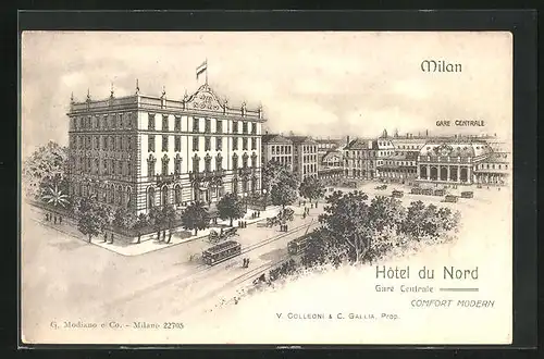 Lithographie Milan, Hotel du Nord, Gare Central