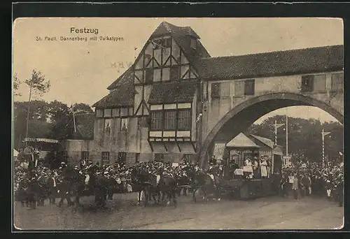 AK Hamburg, 16. Deutsches Bundesschiessen 1909, Festzug, St. Pauli, Dannenberg mit Volkstypen