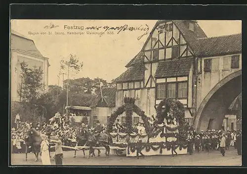 AK Hamburg, 16. Deutsches Bundesschiessen 1909, Festzug, Wagen von St. Georg, Hamburger Waisengrün 1633