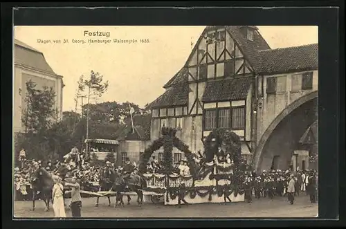 AK Hamburg, 16. Deutsches Bundesschiessen 1909, Festzug, Wagen von St. Georg, Hamburger Waisengrün 1633