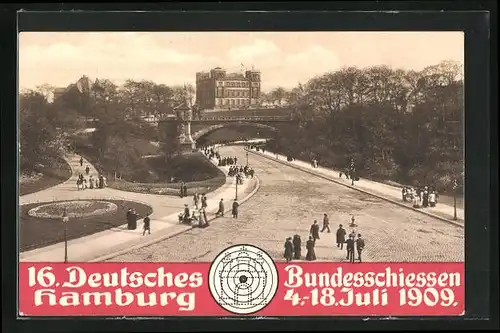 AK Hamburg-St. Pauli, 16. Deutsches Bundesschiessen 1909, Festzug, Kersten Milesbrücke