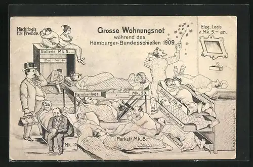 Künstler-AK Hamburg, Grosse Wohnungsnot während des Hamburger Bundesschiessen 1909, Nachtlogis für Fremde