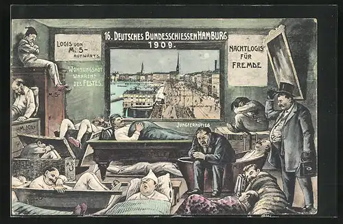 AK Hamburg, 16. Deutsches Bundesschiessen 1909, Wohnungsnot während des Festes, Jungfernstieg, Nachtlogis für Fremde