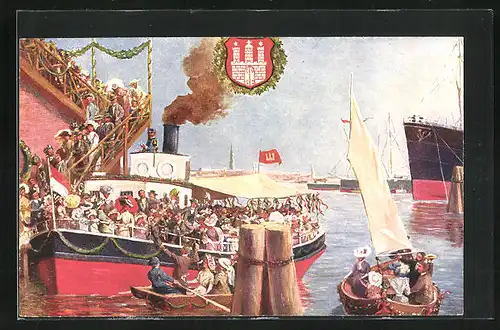 Künstler-AK Hamburg, 16. Deutsches Bundesschiessen 1909, Feiernde auf einem Dampfer, Schützenverein