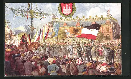 Künstler-AK Hamburg, 16. Deutsches Bundesschiessen 1909, Festumzug, Schützenverein