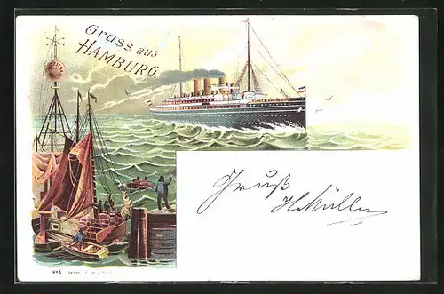 Lithographie Hamburg, Passagierschiff Fürst Bismarck auf hoher See