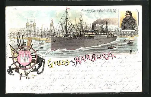 Lithographie Hamburg, Passagierschiff Pennsylvania in Fahrt