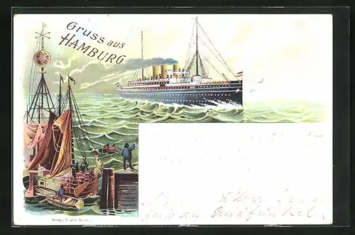 Lithographie Hamburg, Passagierschiff Fürst Bismarck auf hoher See