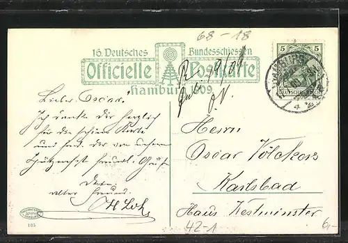 AK Hamburg, 16. Deutsches Bundesschiessen 1909, Wurstglöckchen von C. Böhle