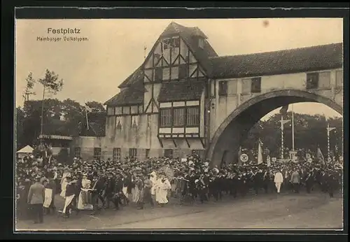 AK Hamburg, 16. Deutsches Bundesschiessen 1909, Festplatz mit Hamburger Volkstypen