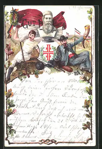Lithographie Büste Turnvater Jahn, Turner mit Wappen und Standarte