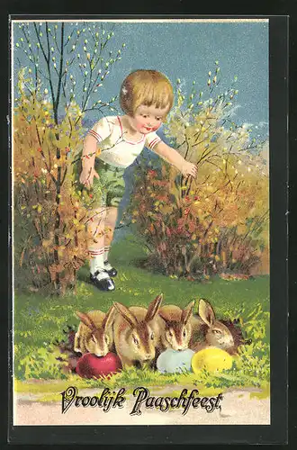 AK Kleiner Junge und Hasen mit Ostereiern, Ostergruss