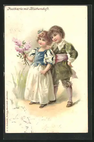 Duft-AK Kinderpaar in hübscher Kleidung mit Blumen