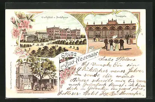 Lithographie Bad-Neuenahr, Milchkuranstalt Schweizerei, Curhôtel und Badehaus, Trinkhalle