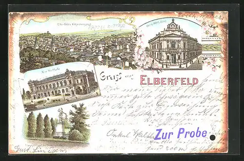 Lithographie Elberfeld, Neue Stadthalle, Dianaplatz auf der Friedenshöhe, Karte re. unten gelocht - Zur Probe