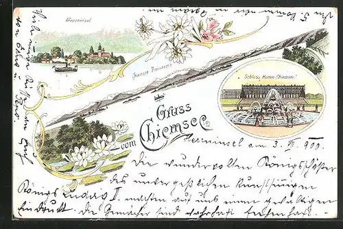 Lithographie Chiemsee, Fraueninsel, Schloss Herren-Chiemsee