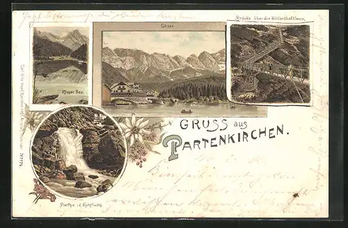 Lithographie Partenkirchen, Eibsee, Risser See, Partie in der Kuhflucht