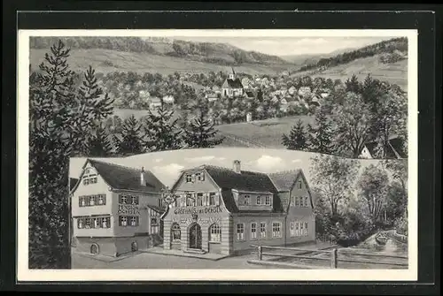 AK Rohrdorf b. Nagold, Gasthof und Metzgerei zum Ochsen, Panorama mit Kirche