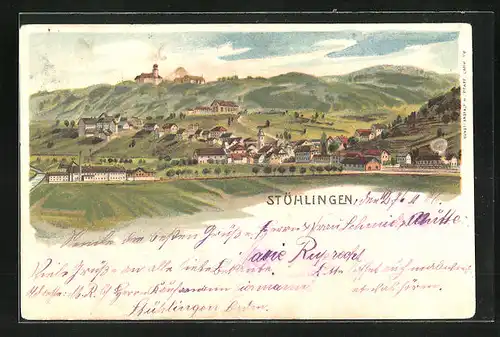 Lithographie Stühlingen, Panorama mit Ortskern