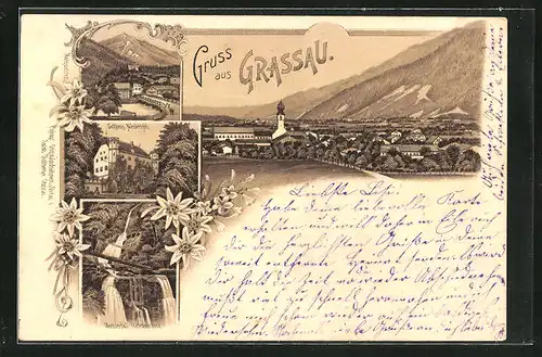 Lithographie Grassau, Schloss Niedernfels, Wasserfall, Panorama mit Kirche