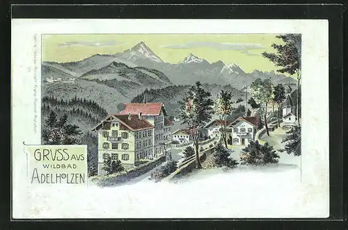 Lithographie Adelholzen, Ortsansicht gegen Bergpanorama