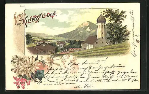 Lithographie Kiefersfelden, Kirche gegen Bergmassiv
