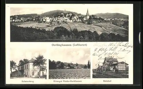 AK Oerlinghausen, Gasthaus Scherenkrug, Bahnhof, Rittergut Nieder-Barkhausen
