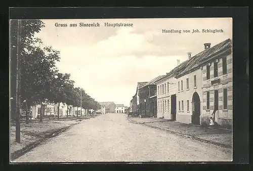 AK Sinzenich, Hauptstrasse mit Handlung v. Joh. Schlagloth