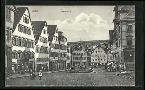 AK Calw, Marktplatz mit Geschäften und Brunnen