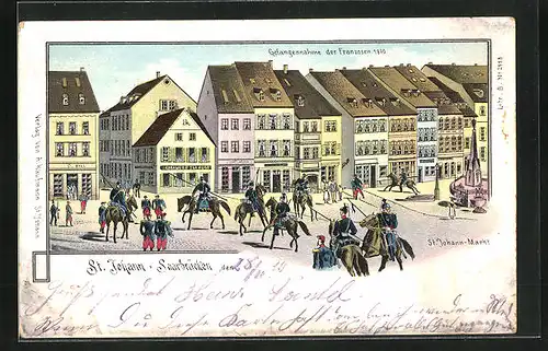 Lithographie Saarbrücken-St. Johann, St. Johann-Markt, Gefangennahme der Franzosen 1870