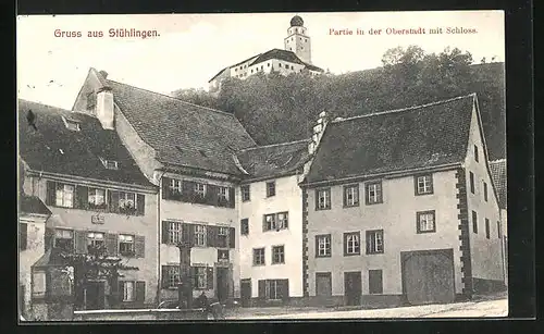 AK Stühlingen, Partie in der Oberstadt mit Schloss und Brunnen