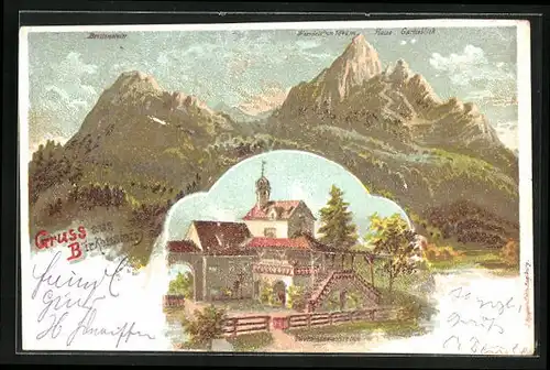 Künstler-AK Birkenstein, Birkensteinkirche, Breitenstein mit Wendelstein & Haus Gacheblick