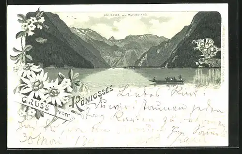 Lithographie Königsee, Teilansicht mit Boot vom Malerwinkel aus gesehen