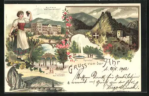 Lithographie Bad Neuenahr-Ahrweiler, Kurhaus, Trinkhalle, Ruine Altenahr und Weisses Kreuz bei Mondschein