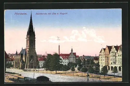 AK Pforzheim, Stadtkirche mit Enz u. Nagold