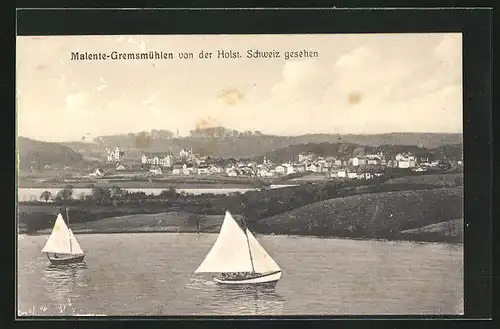 AK Malente-Gremsmühlen, Blick auf den Ort, Segelboote