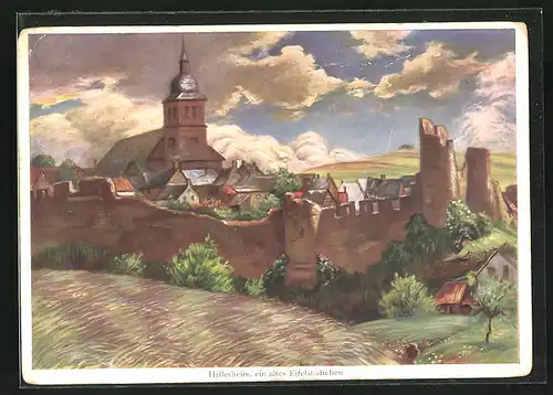Künstler-AK Hillesheim, Ein altes Eifelstädtchen, Kirche, Mauer