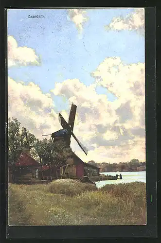 Künstler-AK Photochromie Nr. 2948: Zaandam, Windmühle am Wasser