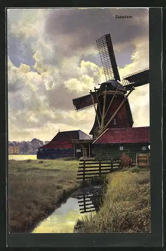 Künstler-AK Photochromie Nr. 2960: Zaandam, Windmühle am Wasser