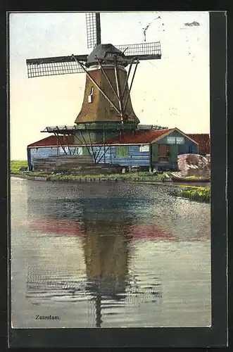 Künstler-AK Photochromie Nr. 2936: Zaandam, Mühle am Wasser