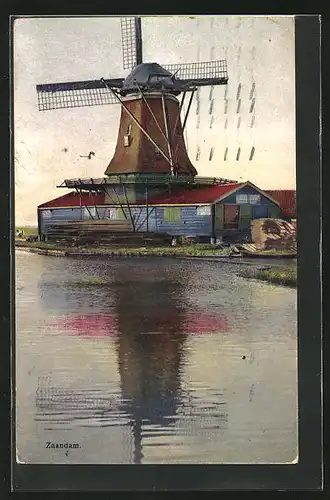 Künstler-AK Photochromie Nr. 2936: Zaandam, Mühle am Wasser