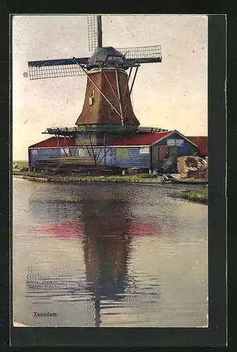 Künstler-AK Photochromie Nr. 2936: Zaandam, Mühle am Wasser