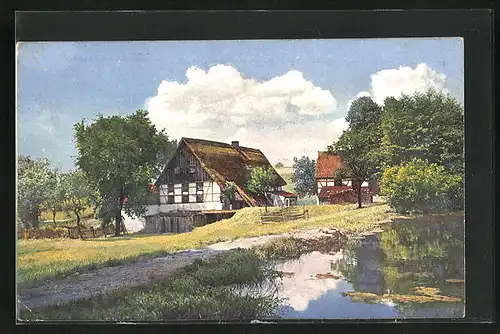 Künstler-AK Photochromie Nr. 4119: Verschlafenes Dorf mit Teich