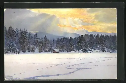 Künstler-AK Photochromie Nr. 2895: Sonnenaufgang am Wintermorgen