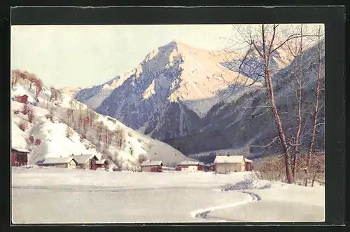 Künstler-AK Photochromie Nr. 3567: Dorf im Winterkleid mit Bergmassiv