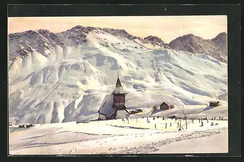 Künstler-AK Photochromie Nr. 3578: Kirche im Winterkleid mit Bergpanorama